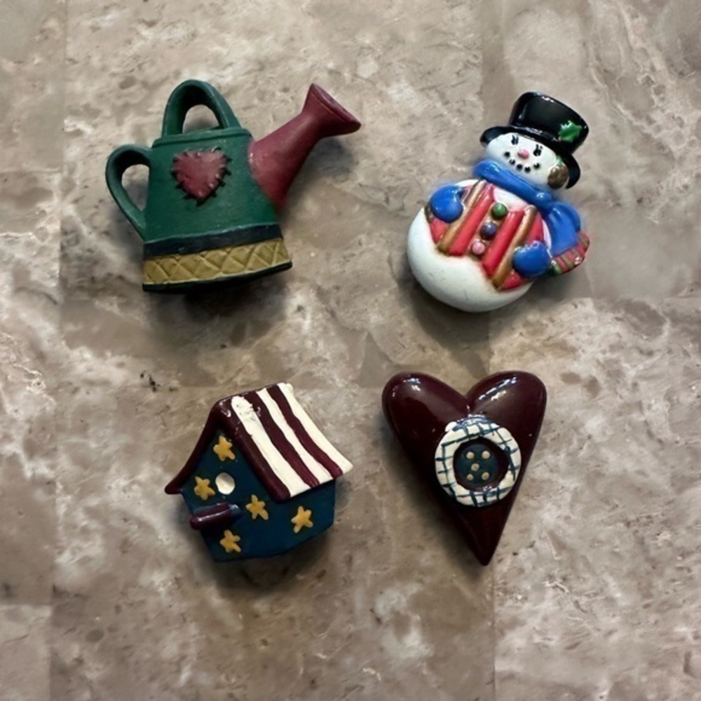 Vintage Button Covers - Snowman Birdhouse Watering Can Heart